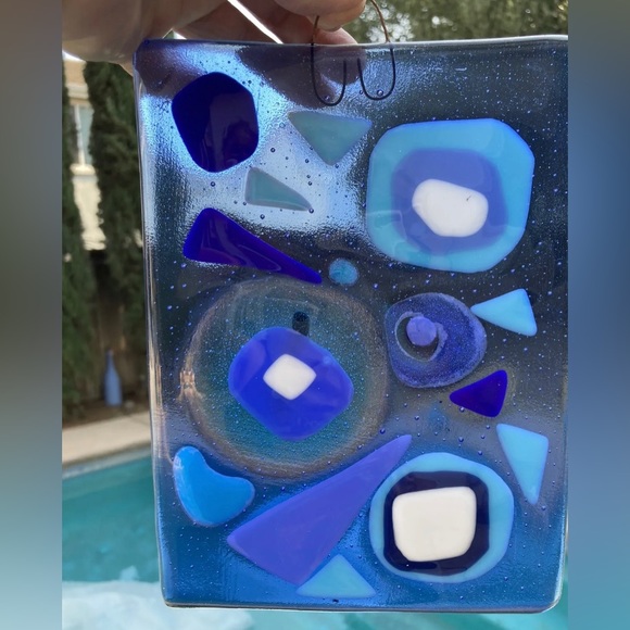 Greek Inspired Fused Art Glass  Hanging Plaque 8”x6” Greek Design Blue Glass - Picture 7 of 12